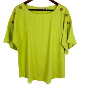 Soft Surroundings Sz Medium LINEN Neon Green Tropical Blouse Shirt Top Beach